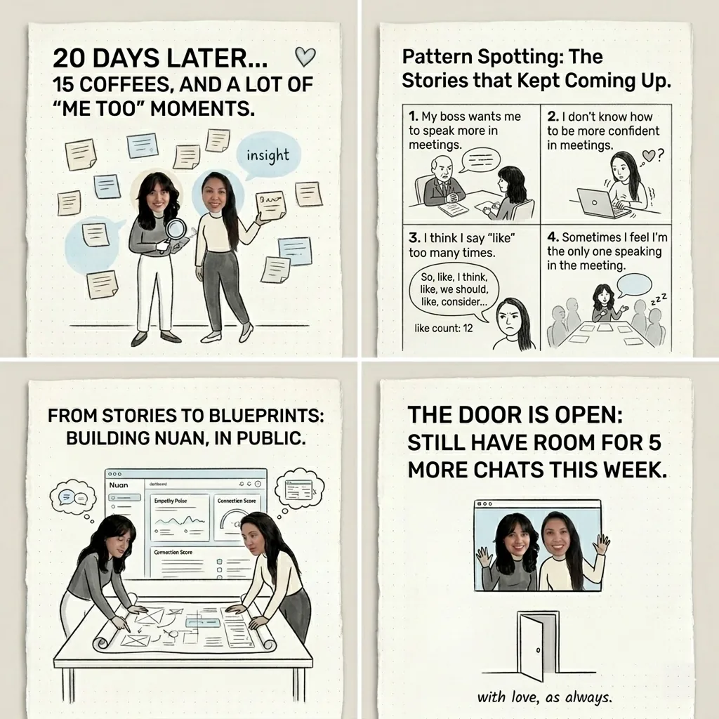 A four-panel research diary: twenty days of interviews, the patterns that kept coming up, early Nuan blueprints, and an open invitation to more conversations.