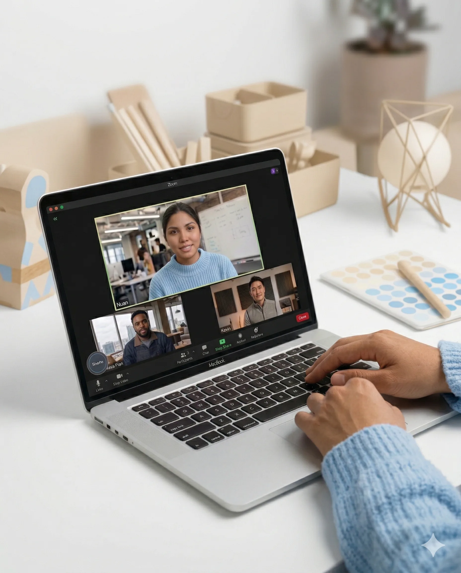 A Zoom call with three participants open on a MacBook, with Nuan running alongside it.