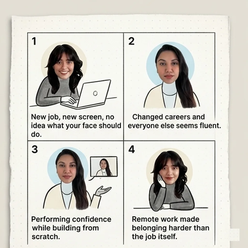 A four-panel illustration of the people Nuan is built for: someone starting a new job, someone who changed careers, someone performing confidence while building from scratch, and someone for whom remote work made belonging hard.
