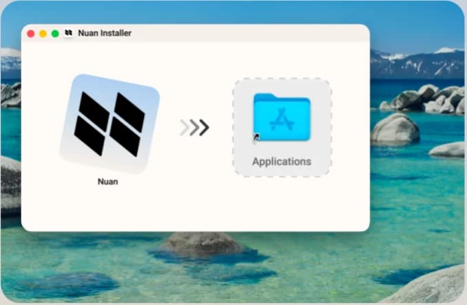 The Nuan installer, with the Nuan icon being dragged onto the Applications folder.